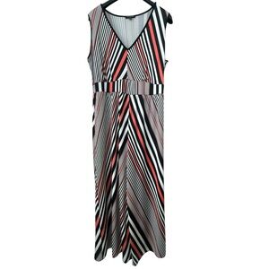 Notations Sleeveless‎ Maxi Dress Black White Red-Orange Chevron Print